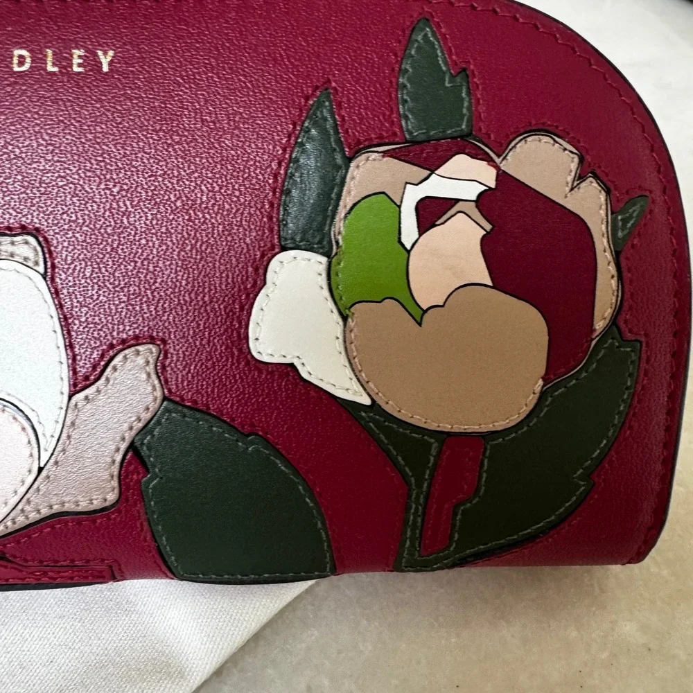 Radley London Burgundy Leather Floral Applique Zip Around Matinee Wallet New